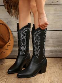 FVPFVP Herbst/Winter 2025 Vintage Stil Damen Hohe Leinen Gestickte Western Cowboy Stiefel, Passend zu Minirock, geeignet als Outdoor-Schuhe für Frauen mit Strickjacke kombinierbar mit Pullover