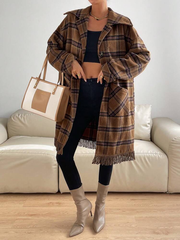 Plaid Print Drop Shoulder Fringe Hem Overcoat