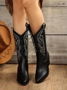 FVPFVP Herbst/Winter 2025 Vintage Stil Damen Hohe Leinen Gestickte Western Cowboy Stiefel, Passend zu Minirock, geeignet als Outdoor-Schuhe für Frauen mit Strickjacke kombinierbar mit Pullover