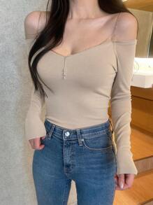 DAZY 纯色露肩罗纹针织长袖T恤女上衣，秋季女装 - 卡其色 - 查看 6