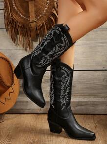 FVPFVP Herbst/Winter 2025 Vintage Stil Damen Hohe Leinen Gestickte Western Cowboy Stiefel, Passend zu Minirock, geeignet als Outdoor-Schuhe für Frauen mit Strickjacke kombinierbar mit Pullover