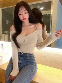 DAZY 纯色露肩罗纹针织长袖T恤女上衣，秋季女装 - 卡其色 - 查看 7