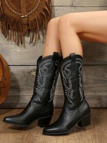 FVPFVP Herbst/Winter 2025 Vintage Stil Damen Hohe Leinen Gestickte Western Cowboy Stiefel, Passend zu Minirock, geeignet als Outdoor-Schuhe für Frauen mit Strickjacke kombinierbar mit Pullover