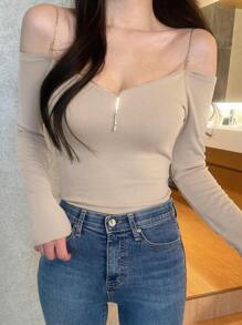 DAZY 纯色露肩罗纹针织长袖T恤女上衣，秋季女装 - 卡其色 - 查看 8