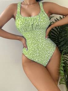 Ditsy Floral Print Ruched Bust One Piece Swimsuit - Mint Green - View 4