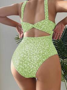 Ditsy Floral Print Ruched Bust One Piece Swimsuit - Mint Green - View 2