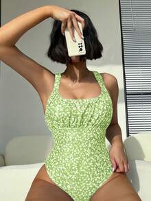 Ditsy Floral Print Ruched Bust One Piece Swimsuit - Mint Green - View 3