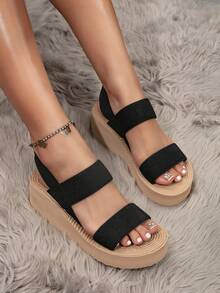 女性時髦假期風格夏天黑色坡跟涼鞋帶寬背帶適用於戶外穿戴 - 黑色 - 查看 4