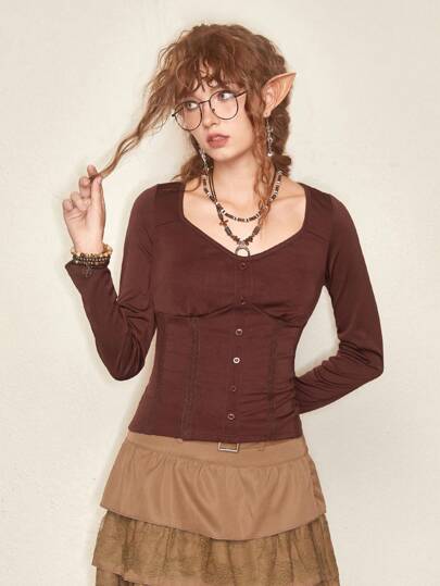 Fairycore T-Shirt mit Einfarbig Knopf vorne,