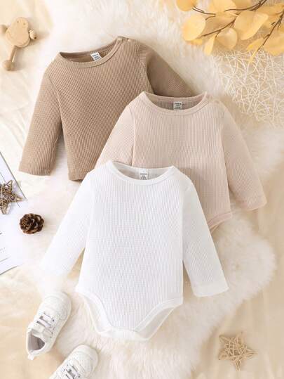 SHEIN Vintaside Kids 3件套新生儿男女宝宝休闲针织纯色前肩纽扣长袖连体衣，开裆设计，婴儿连体衣，女宝宝连体衣，新生儿连体衣，婴儿连体衣3件装，中性婴儿服装