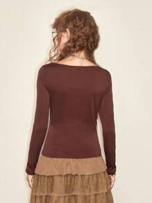 ROMWE Fairycore Chất rắn Nút phía trước Áo thun - Cà phê nâu - Xem 4