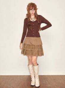 ROMWE Fairycore Chất rắn Nút phía trước Áo thun - Cà phê nâu - Xem 5