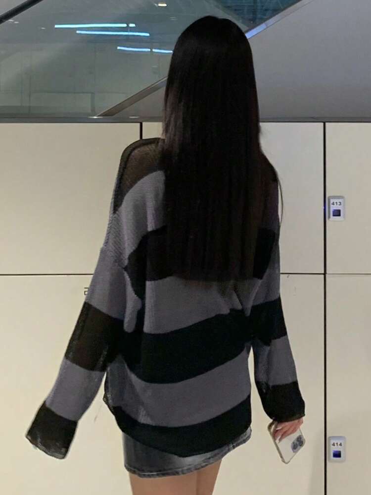 Striped Pattern Drop Shoulder Sweater Without Bra Sheer Fall