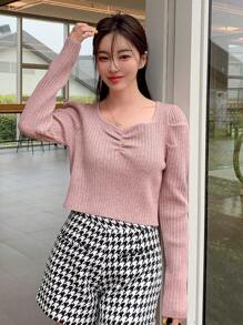 DAZY 纯色甜心领罗纹针织毛衣秋季 - 藕粉色 - 查看 1