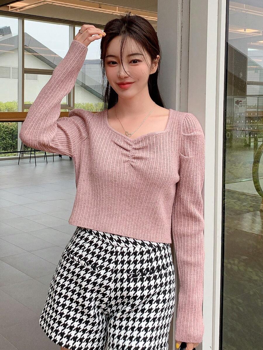 DAZY 纯色甜心领罗纹针织毛衣秋季 - 藕粉色 - 查看 1