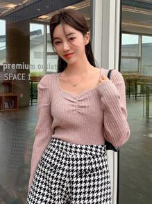 DAZY 纯色甜心领罗纹针织毛衣秋季 - 藕粉色 - 查看 3