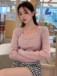 DAZY 纯色甜心领罗纹针织毛衣秋季 - 藕粉色 - 查看 4