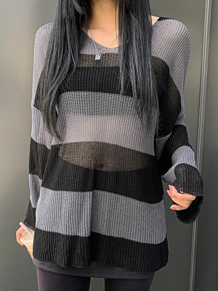 Striped Pattern Drop Shoulder Sweater Without Bra Sheer Fall