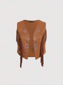 SHEIN MOD Hơn Thêu hoa Viền rìa Áo khoác vest Không có áo sơ mi - màu nâu - Xem 1