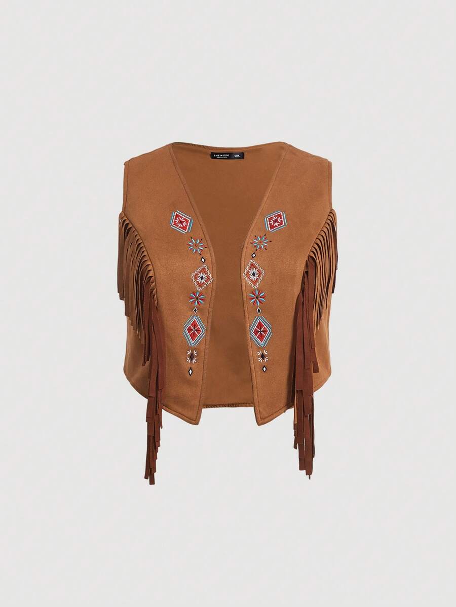 SHEIN MOD Hơn Thêu hoa Viền rìa Áo khoác vest Không có áo sơ mi - màu nâu - Xem 1