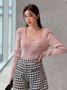 DAZY 纯色甜心领罗纹针织毛衣秋季 - 藕粉色 - 查看 7