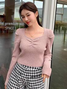 DAZY 纯色甜心领罗纹针织毛衣秋季 - 藕粉色 - 查看 8