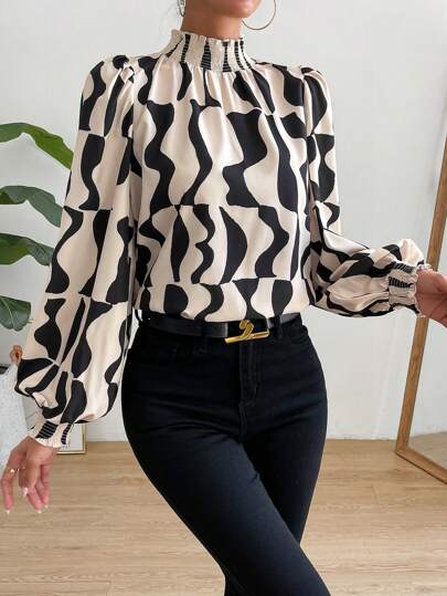 SHEIN Privé Work Women Shirts Allover Print Mock Neck Lantern Sleeve Blouse,Long Sleeve Tops