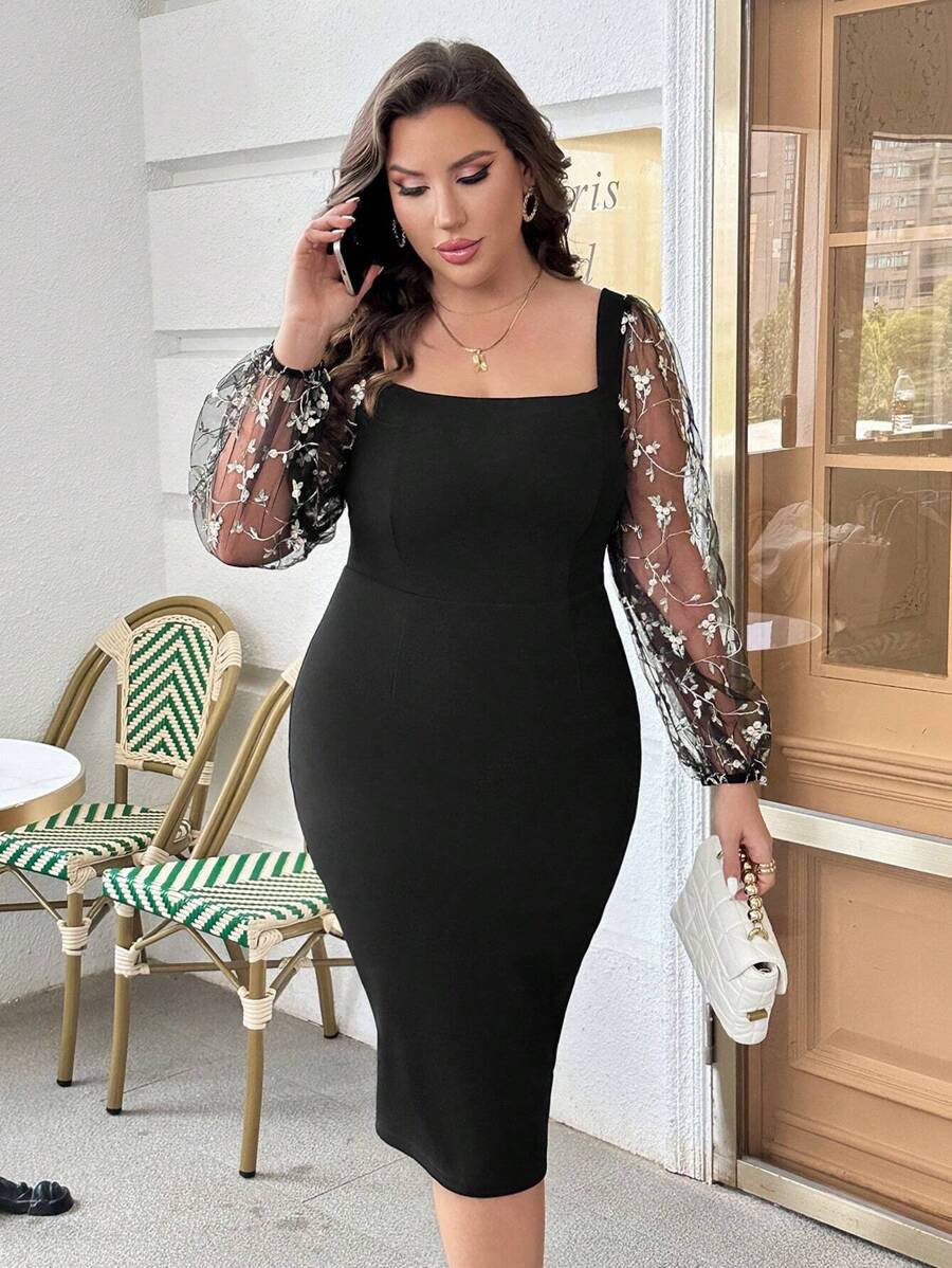 SHEIN Privé Plus Contrast Mesh Lantern Sleeve Square Neck Bodycon Dress - Black - View 1