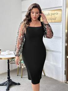 SHEIN Privé Plus Contrast Mesh Lantern Sleeve Square Neck Bodycon Dress - Black - View 3