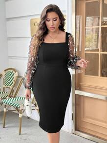 SHEIN Privé Plus Contrast Mesh Lantern Sleeve Square Neck Bodycon Dress - Black - View 4