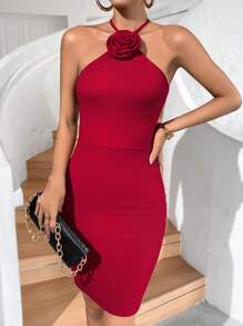 SHEIN Privé Stereo Flower Halter Neck Backless Bodycon Dress - Burgundy - View 1