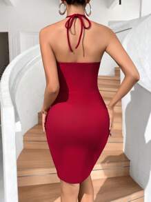 SHEIN Privé Stereo Flower Halter Neck Backless Bodycon Dress - Burgundy - View 2