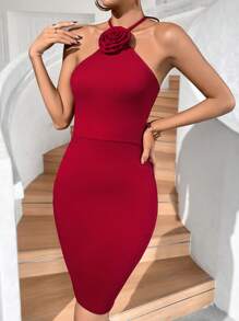 SHEIN Privé Stereo Flower Halter Neck Backless Bodycon Dress - Burgundy - View 4