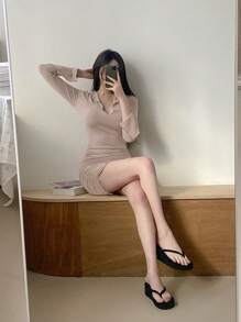 DAZY Solid Lettuce Trim Ruched Bodycon Dress,Mini Dress,Casual Women Dresses,Fall Dress Long Sleeve Dress