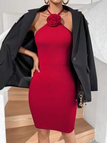 SHEIN Privé Stereo Flower Halter Neck Backless Bodycon Dress - Burgundy - View 6