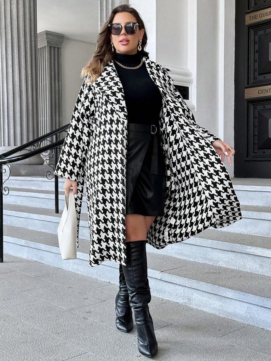 SHEIN Privé Plus Houndstooth Print Lapel Neck Overcoat