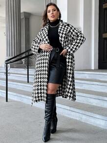 SHEIN Privé Plus Houndstooth Print Lapel Neck Overcoat