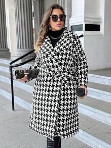 SHEIN Privé Plus Houndstooth Print Lapel Neck Overcoat