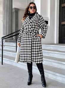SHEIN Privé Plus Houndstooth Print Lapel Neck Overcoat