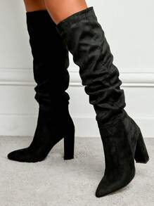 Vestido negro a juego para otoño/invierno 2025, botas de moda de tacón alto grueso y punta puntiaguda con diseño deslizante para mujer - Negro - Ver 3