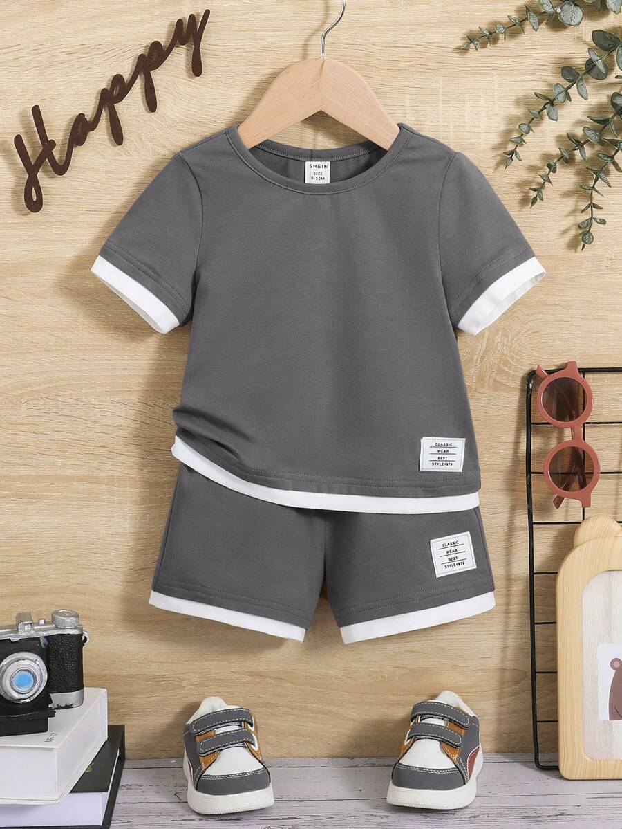 SHEIN 男嬰字母補丁細節拼接邊T恤和短褲
