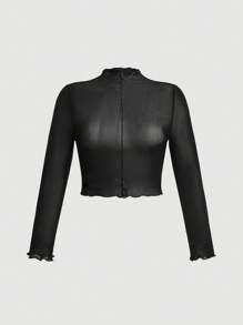 SHEIN MOD Top De Malla Negra Transparente Con Ribete De Lechuga En Talla Grande Sin Camiseta. Cuello Alto Y Manga Larga