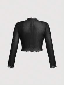 SHEIN MOD Top De Malla Negra Transparente Con Ribete De Lechuga En Talla Grande Sin Camiseta. Cuello Alto Y Manga Larga