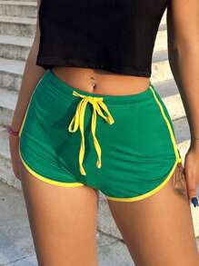 SHEIN SXY Summer Contrast Binding Drawstring Waist Shorts - Green - View 1
