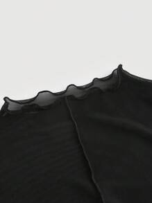 SHEIN MOD Top De Malla Negra Transparente Con Ribete De Lechuga En Talla Grande Sin Camiseta. Cuello Alto Y Manga Larga