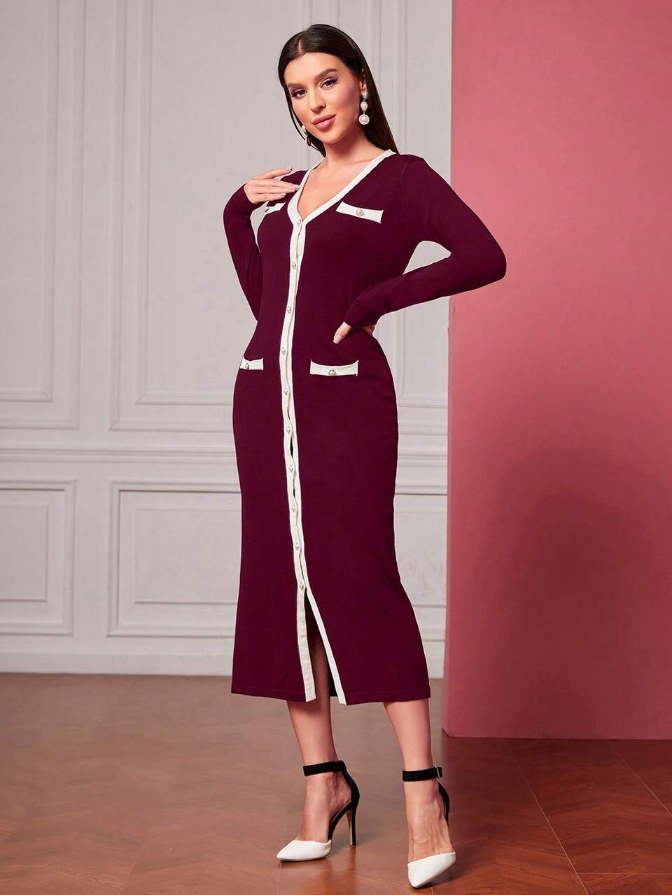 Burgundy Red Contrast Trim Button Front Sweater Dress