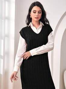 Mulvari 1入組絞花針織毛衣洋裝（無腰帶） - 黑色 - 查看 4