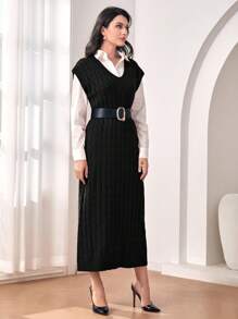 Mulvari 1入組絞花針織毛衣洋裝（無腰帶） - 黑色 - 查看 5