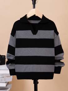 SHEIN Chico preadolescente Jersey de dos tonos de hombros caídos - Negro - Ver 1