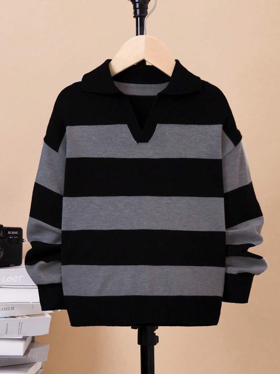 SHEIN Chico preadolescente Jersey de dos tonos de hombros caídos - Negro - Ver 1